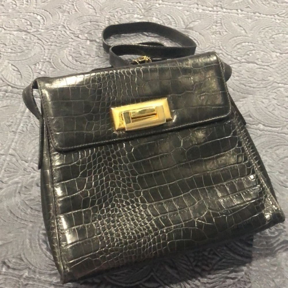 Lord & Taylor purse black genuine leather‎ alligator embossed purse vintage